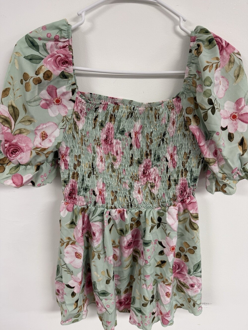 Hapsho Women’s Large Floral Smocked Blouse Mint Green Pink Puff Sleeve Peplum